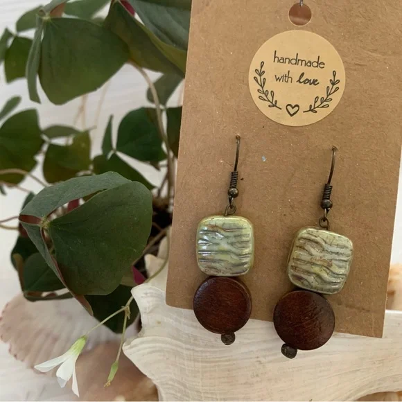 Earthy Drop Earrings Nature Inspired green Glass and Wood Beads Antiqued Style - Picture 7 of 10